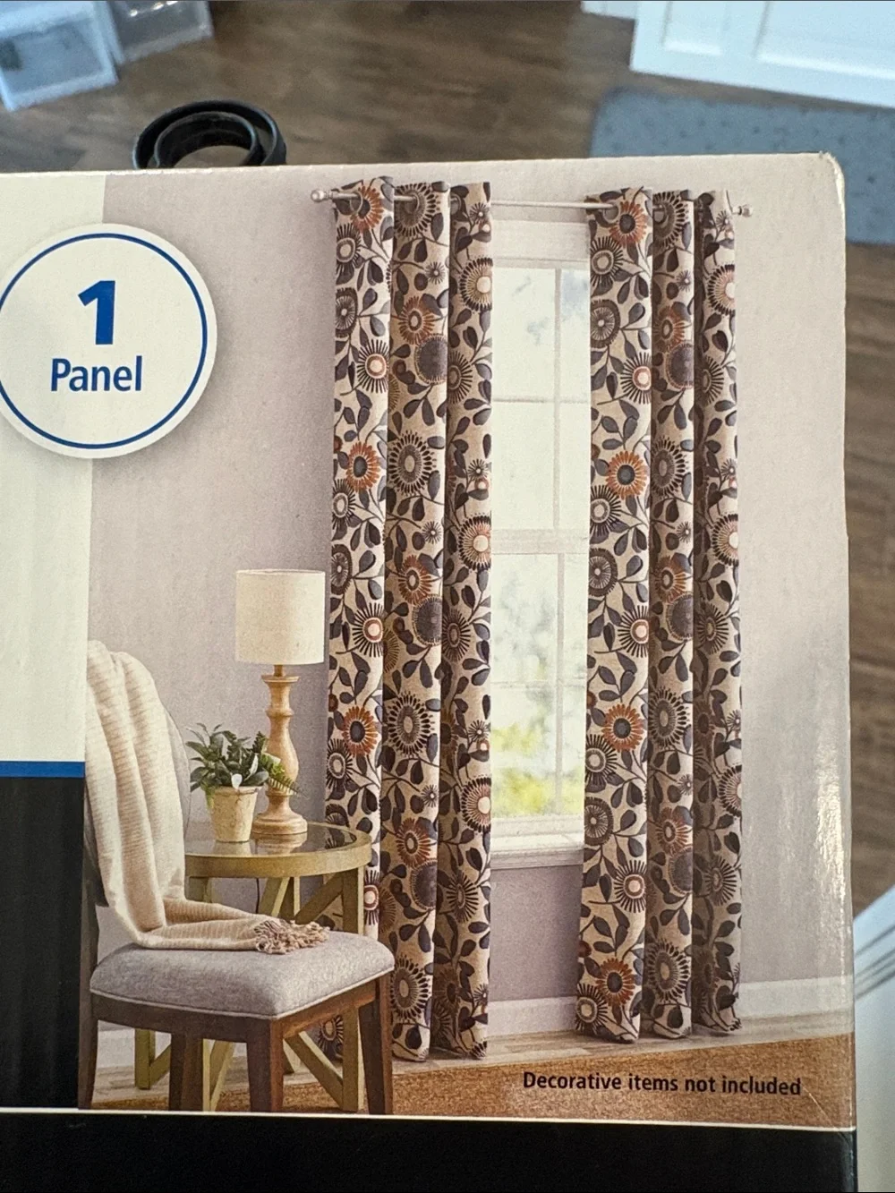 Mainstays Gray Floral Blackout Curtain Panel with Rust and Navy Accents